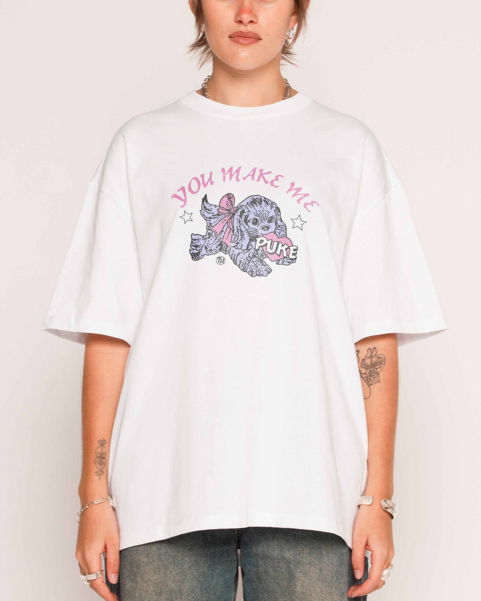 You Make Me Puke Oversized Graphic Tee Unisex 90s Boxy Fit 100% Combed Cotton 275gsm