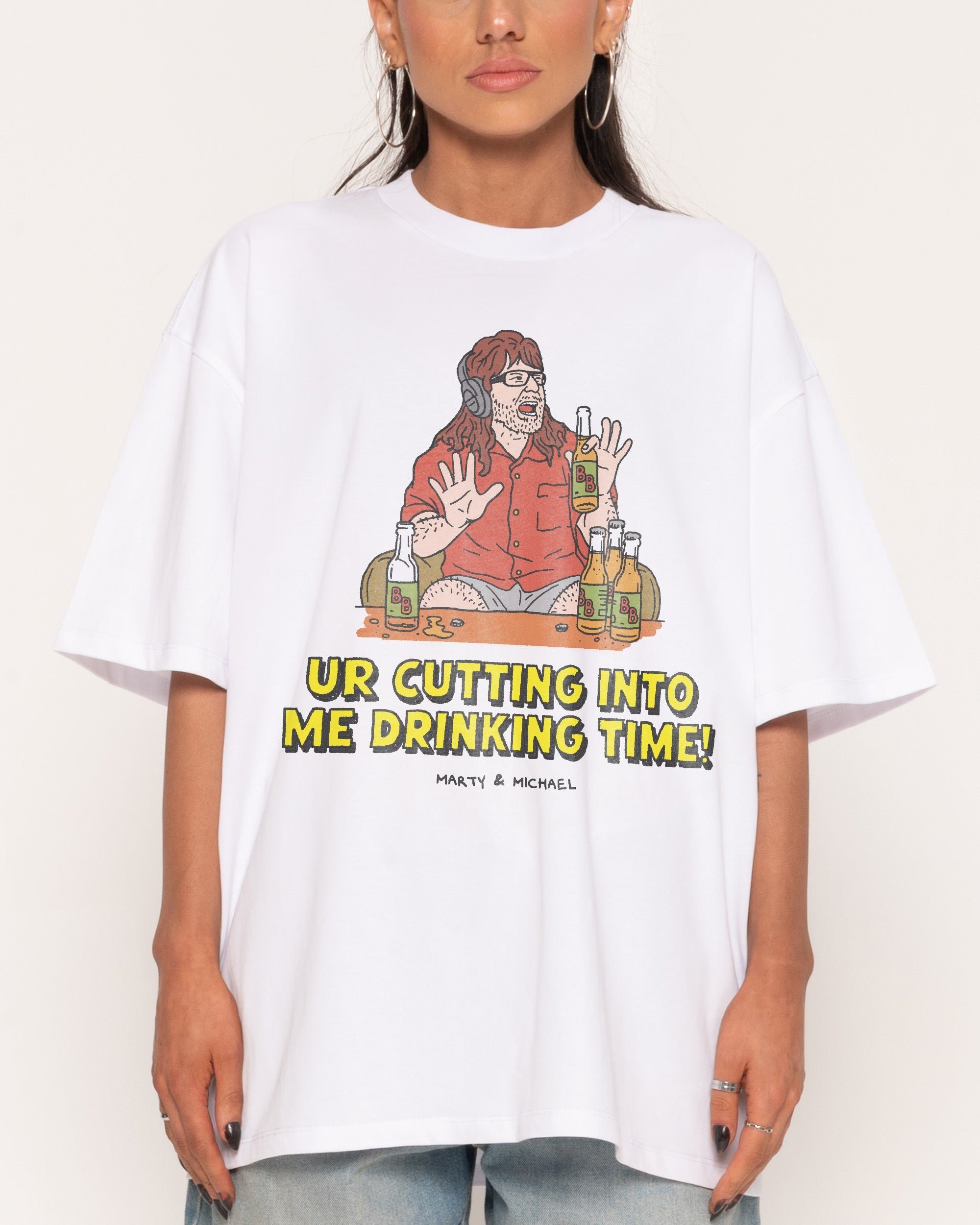 Drinking Time Oversized Graphic Tee - Unisex 90s Boxy Fit 100% Combed Cotton