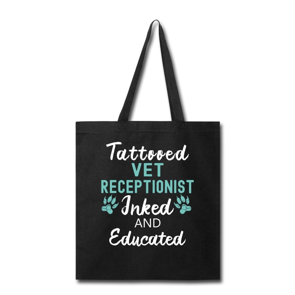 Inked and Educated Vet Receptionist Tote Bag - Funny Graphic Print Canvas Shoulder Bag