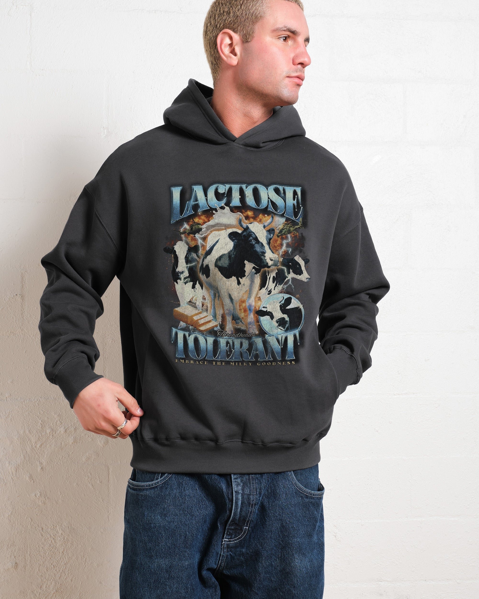 Lactose Tolerant Unisex Graphic Hoodie - 90s Boxy Fit, 340gsm Cotton-Poly Blend