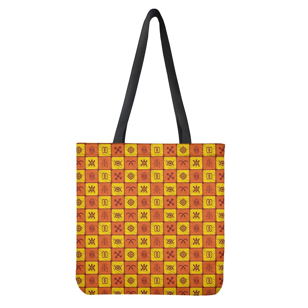 West Adinkra Symbols Pattern Print Tote Bag - Polyester Double-Sided Lightweight